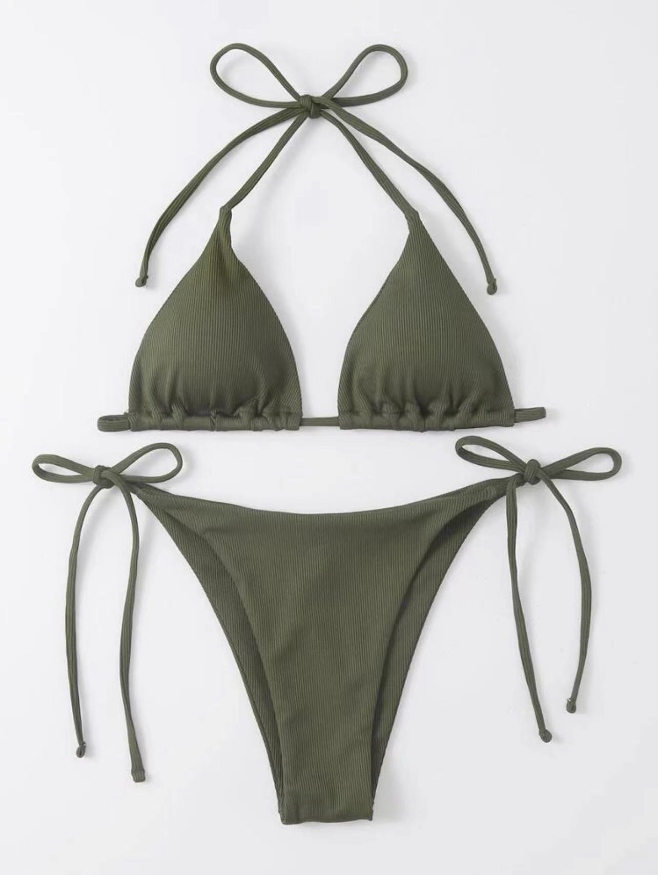 Liten randig ribbad bikiniset för kvinnor sexig enkel enfärgad halterneck baddräkt snörning strandbaddräkt sidobandage string baddräkt: L / Armégrön
