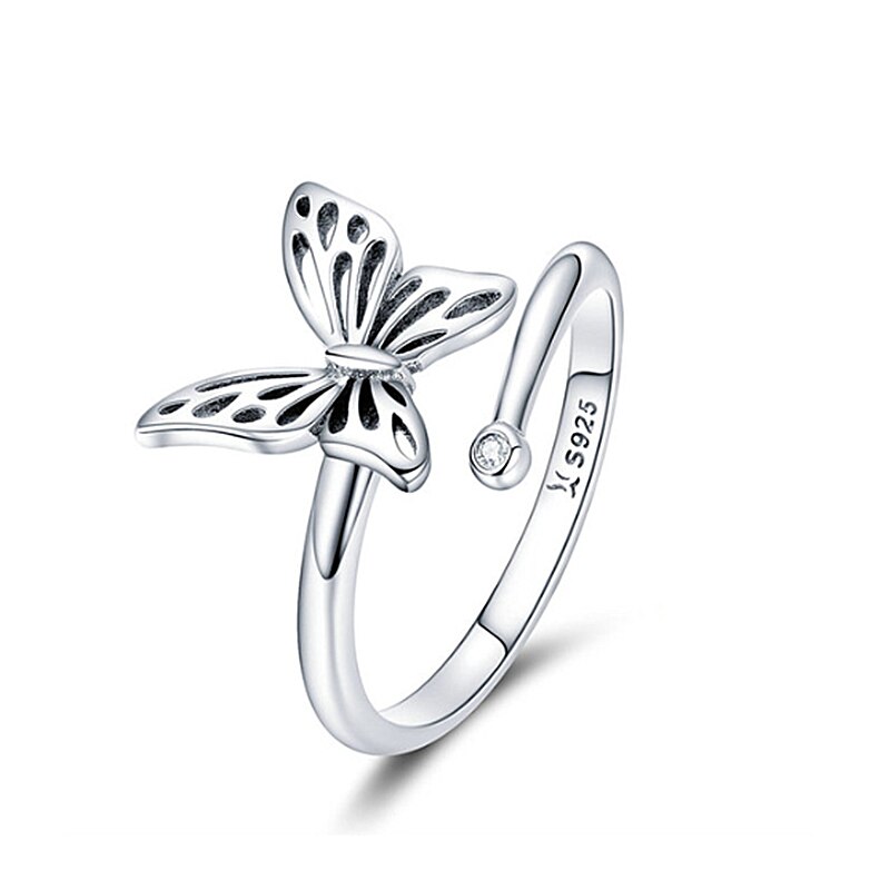 Authentic 925 Sterling Silver Vintage Butterfly Adjustable Finger Rings for Women Wedding Engagement Ring Jewelry SCR448: A
