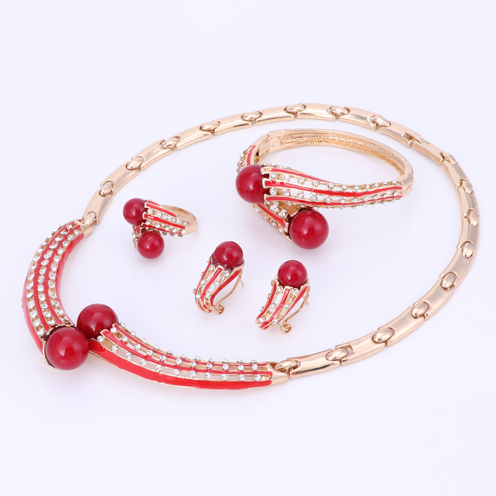Mærke smykker sæt guld farve smykker sæt kvinder bryllup tilbehør til kvinder simuleret perle krystal halskæde øreringe sæt: Rød