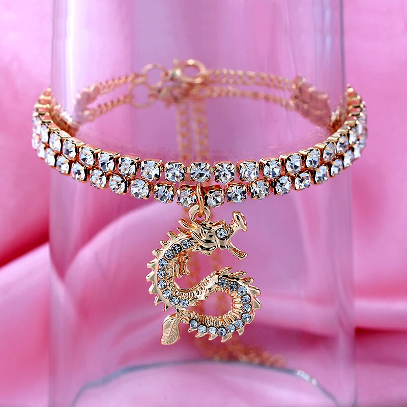 Bling Dragon Crystal Tennis Chain Enkelband Voor Vrouwen Mode Goud Zilver Kleur Rhinestone Enkelband Foot Chain Sieraden