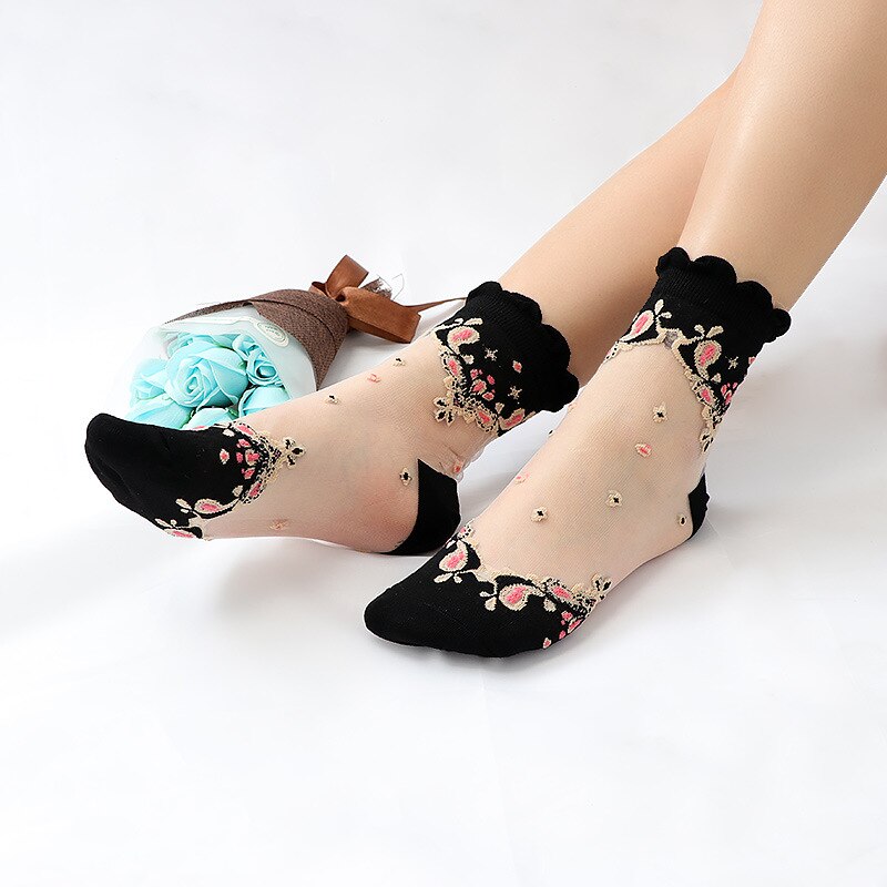 Lace Ruffle Soft Comfy Sheer Silk Socks Elastic Mesh Knit Frill Trim Transparent Ankle Funny Sexy Fishnet Women Socks: 3
