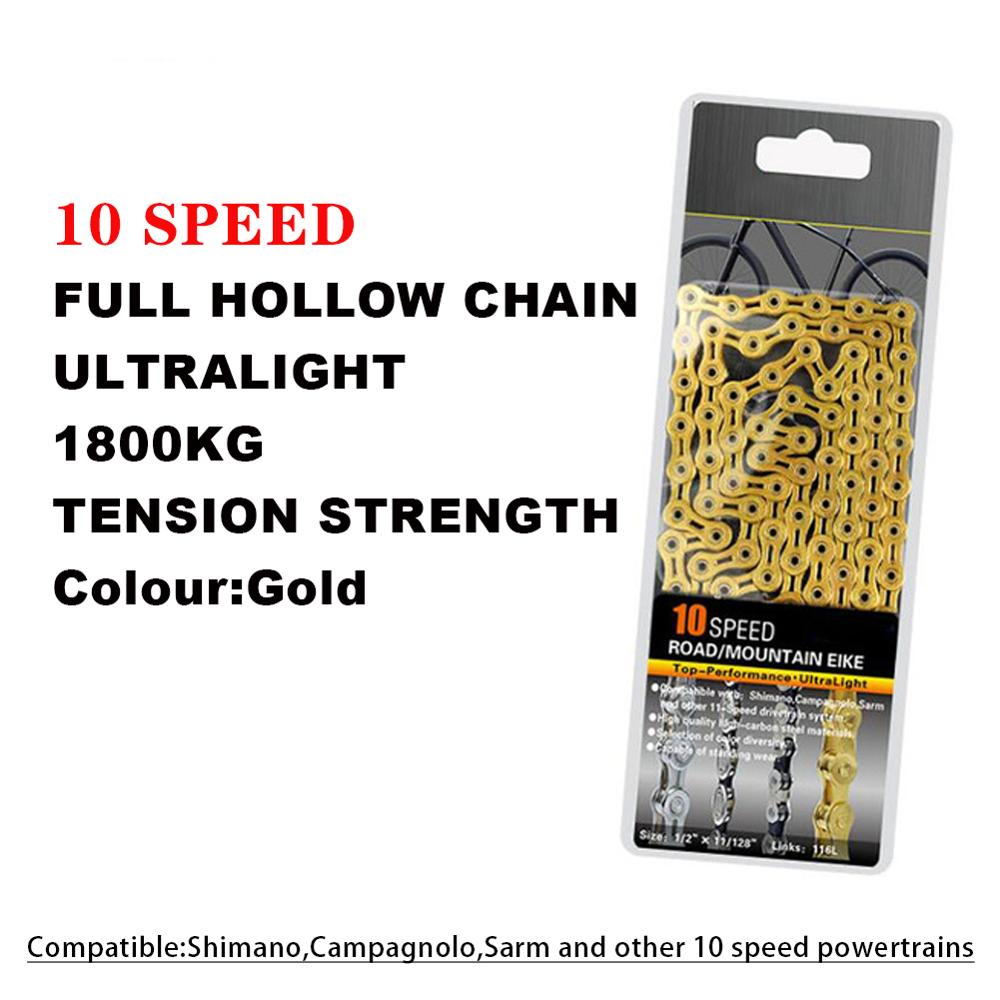 10/11 Speed Bicycle Chain Full Hollow Bicycle Chain Mountain Road Bike Hollow Chain Ultra Light 116L Gold Silver: Gold 10 Speeds
