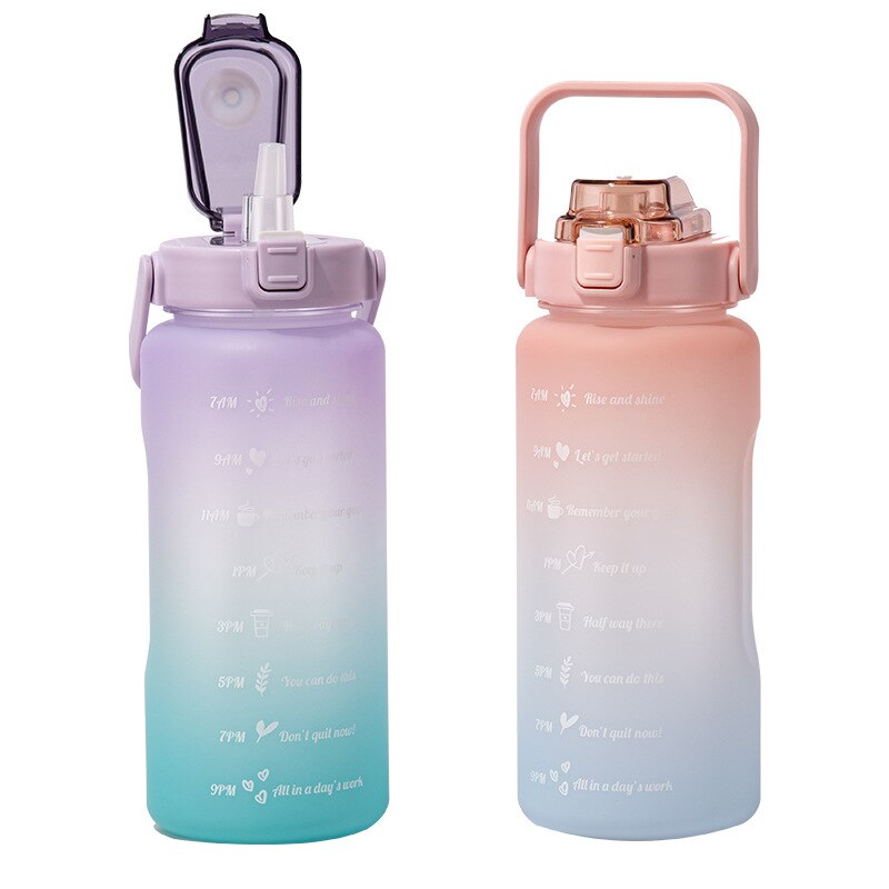 2L Large Capacity Water Bottle Straw Cup High Temperature Plastic Water Cup Time Scale Frosted Outdoor Sports Student Couple Cup