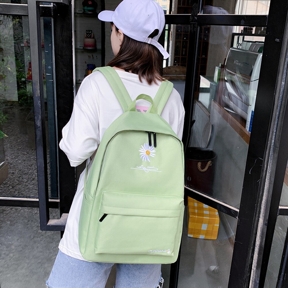 Canvas Women Backpack Shoulder Bag Daisy Flower Embroidery School Bag