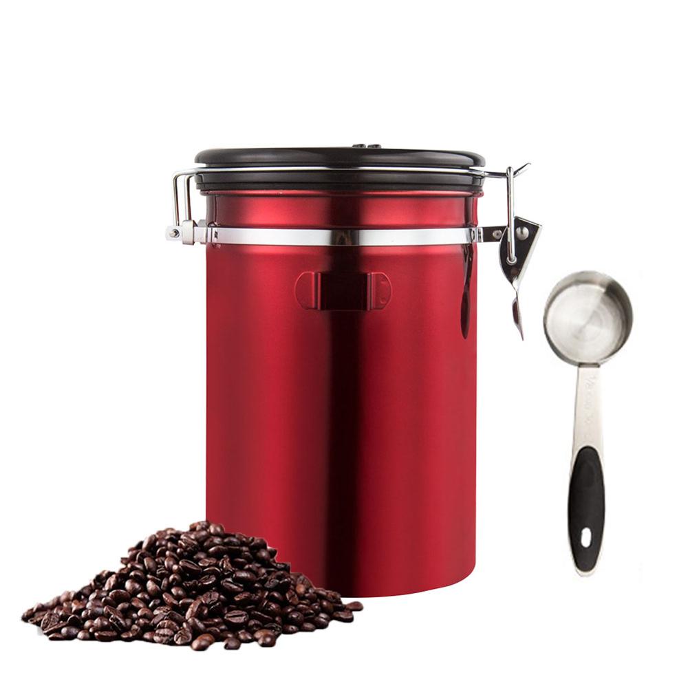 1.8l rustfri stålbeholderbeholder lufttæt kaffekrukke med måleske til ristede kaffebønner te nødder: Rød