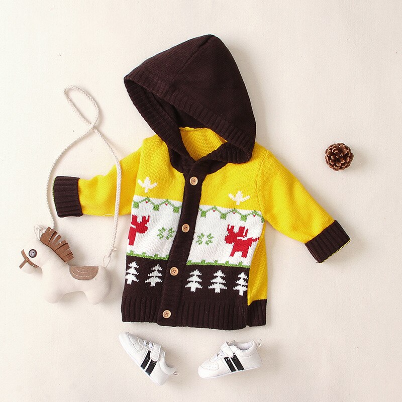 0-18M Christmas Baby Sweater Newborn Kid Boy Girl Knitted Cardigan Sweater Long Sleeve Hooded Winter Warm Top Xmas Cute Outfit