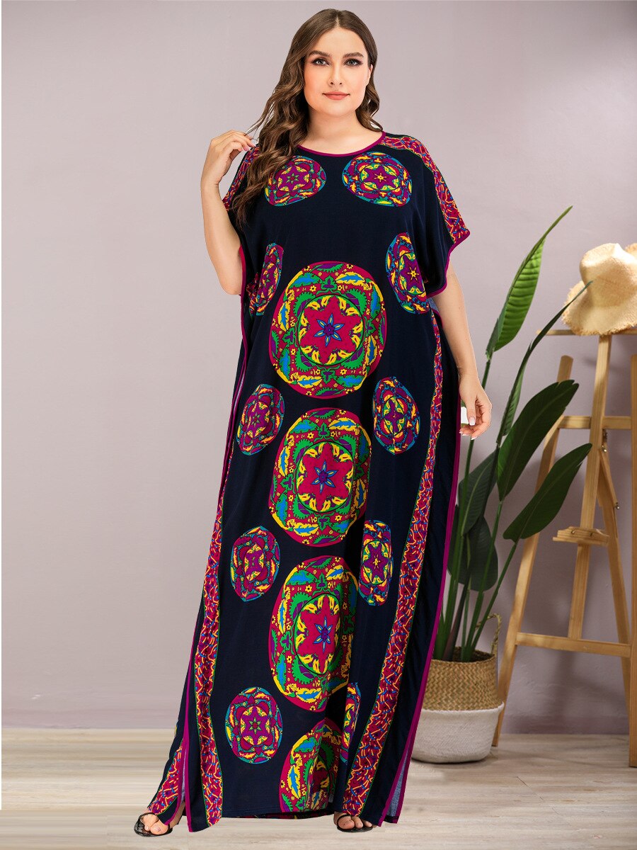 Dames 100% katoen lange kaftan jurk zomer Dashiki Afrikaanse print één maat losse baggy stijl strandjurk, Groen, One size