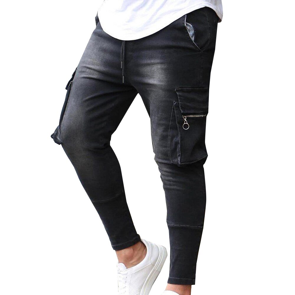 Fermeture éclair hommes coupe ajustée Denim pantalon hommes poches Stretch crayon jean décontracté plaine pantalon automne Denim bas
