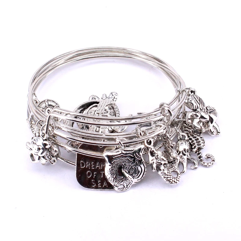 5 pçs conjunto de pulseiras de arame para mulheres meninas jewlery vida marinha mista estrela do mar golfinho turtle charme pulseiras c039: Revestimento de prata