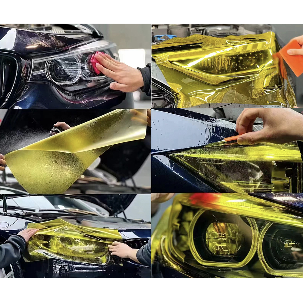 Amarillo Auto luz de coche faro luz trasera tinte vinilo película pegatina fácil palo motocicleta película impermeable Diy decoración de coche completo