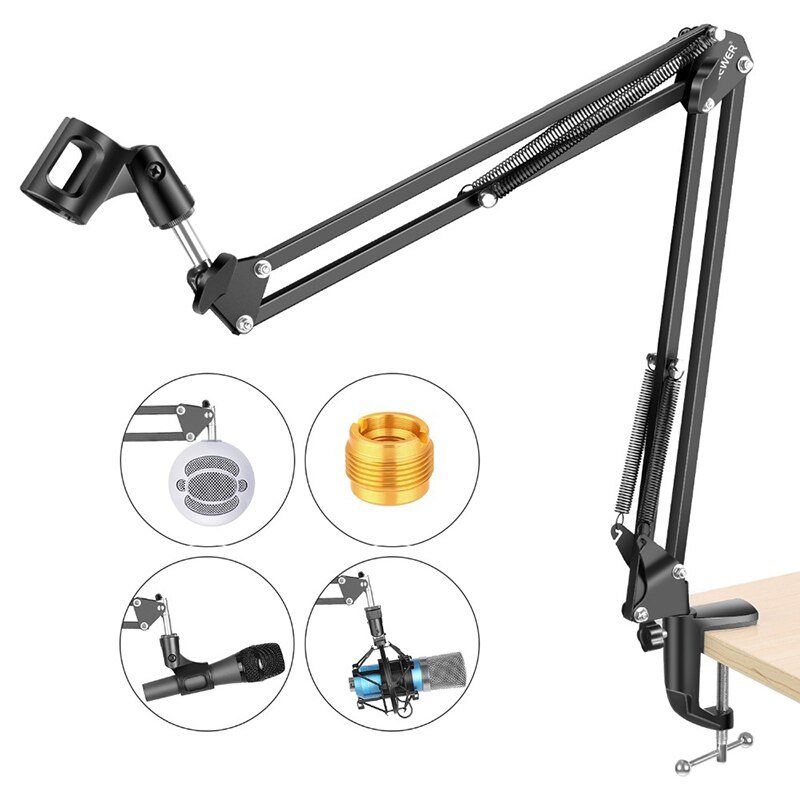 Extendable Recording Microphone Holder Suspension Boom Scissor Arm Stand Holder with Mic Clip Table Mounting Clamp