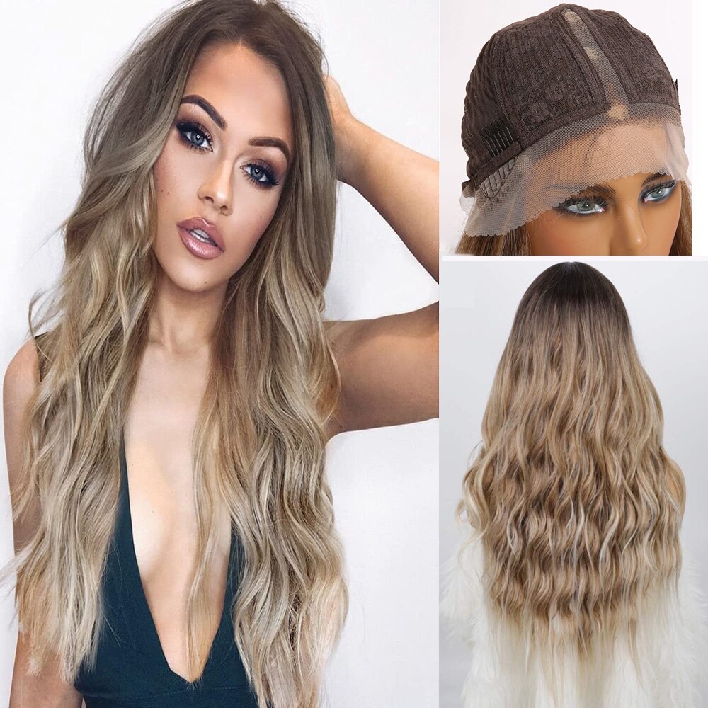 Ombre Body Wave Synthetic Lace Front Wig For Women 13X4X1 HD Transparent Lace Long Wavy Synthetic Hair Wig For Daily Party: 22inches