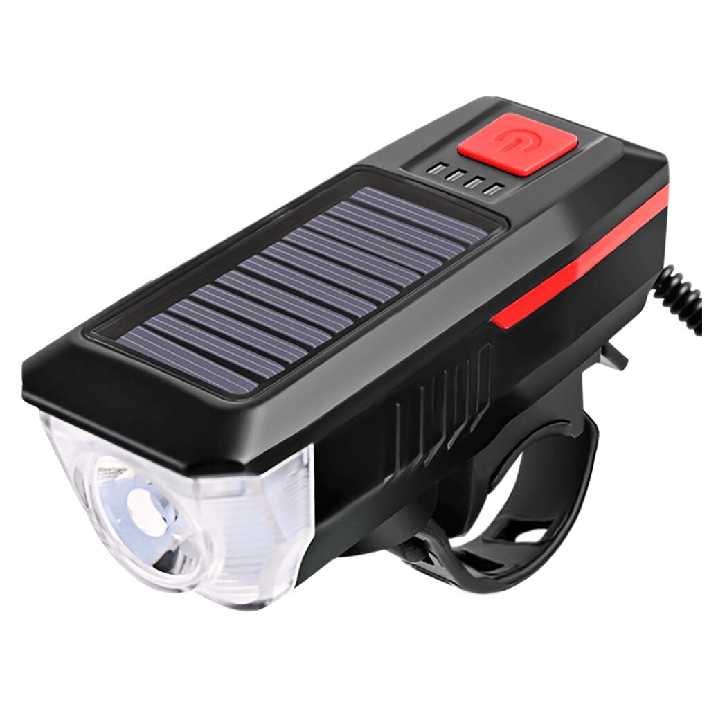 Outdoor Solar Power USB LED Bike Bicycle Front Light Rechargeable Headlight With Horn: Red