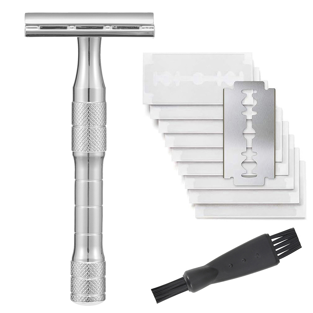 Rasoir de sécurité réutilisable, rasoirs à lame unique pour hommes, avec 10 lames DE rasoir à double bord revêtues de platine, rasoir DE débutant: Argent