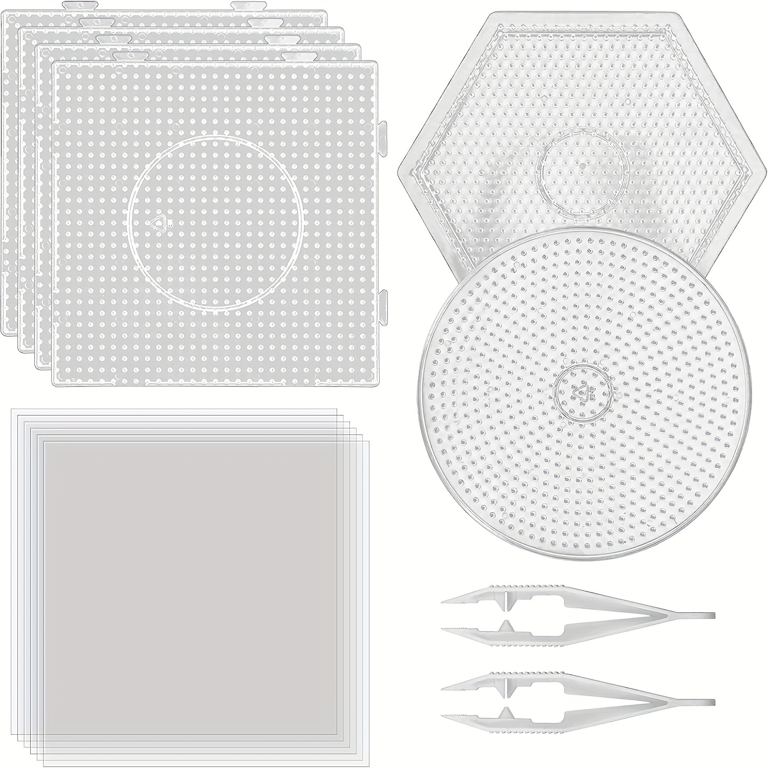 5 mm large, transparent plastic pegboards, bead pegboards with ironing paper and white tweezers, creative diy jewelry making supplies