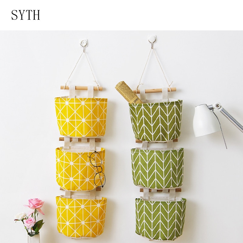 Pattern Cotton Linen Hanging Storage Bag Wall Mounted Wardrobe Hang Bag Wall Pouch Cosmetic Toys Organizer