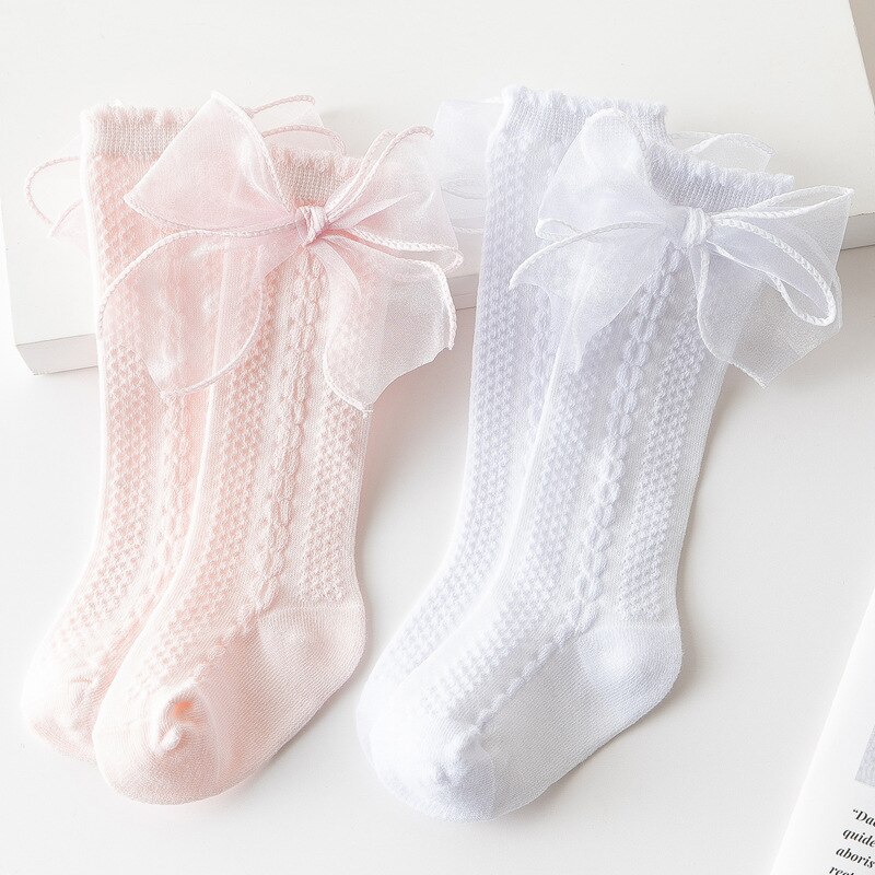 Kant Boog Baby Meisje Sokken Lente Zomer Baby Peuter Knie Sokken Kousen Zachte Katoen Kinderen Lange Sokken Baby Accessoires 0-1Y