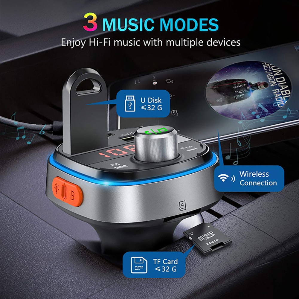 VicTsing Universal Bluetooth FM Transmitter 7 LED Colors Car Wireless Adapter Radio Transmitter USB-C with PD 3.0 Port for Car