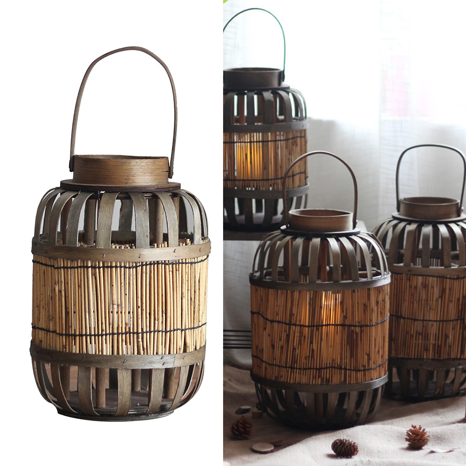 Handgemaakte Rieten Kaars Lantaarn Outdoor Vintage Hout Thee Licht Kaars Houder Voor Bruiloft Partijen: Small