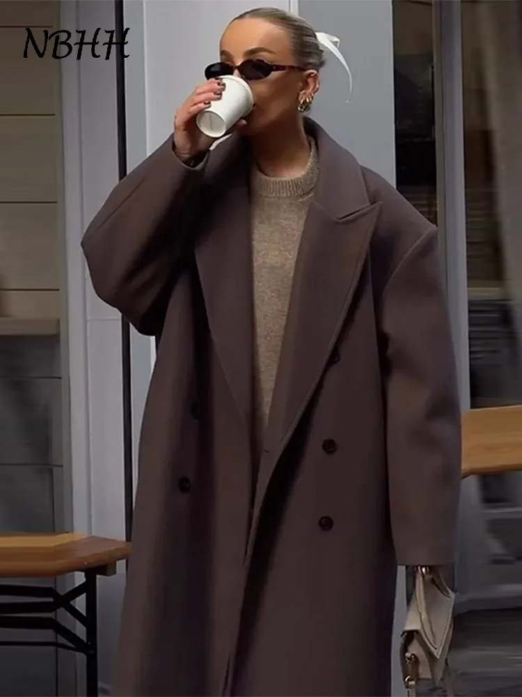 Damull långa kappor slag dubbelknäppta långärmade bruna överrockar höst vinter dam pendlingskläder ytterkläder