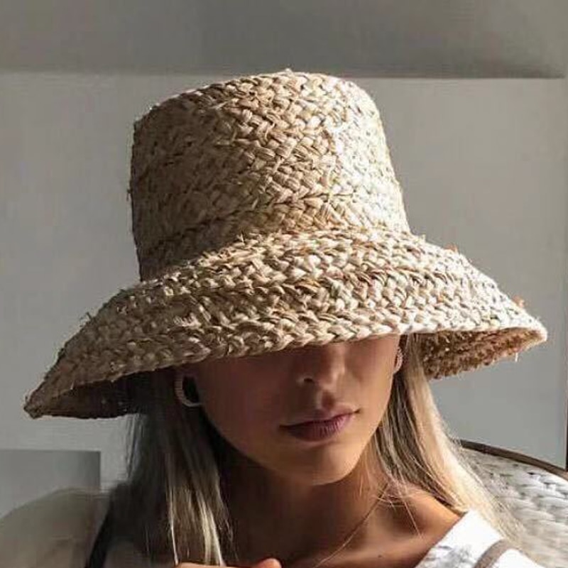 Sommarhattar för kvinnor retro platt hängande hatt brätte handgjord raffia stråhatt dam utomhus solskydd strand halmhatt