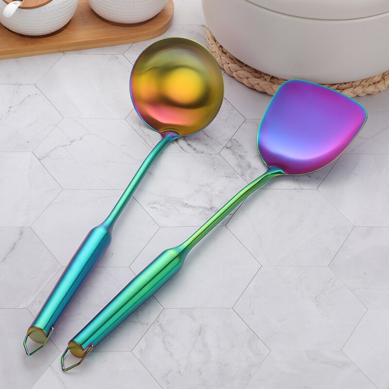 2 Stuks Rvs Europese Spatel Pollepel Lepel Set Goud Pollepel Lepel Koken Tool Set Resuable Keuken Spatel Turner Gebruiksvoorwerp: rainbow set