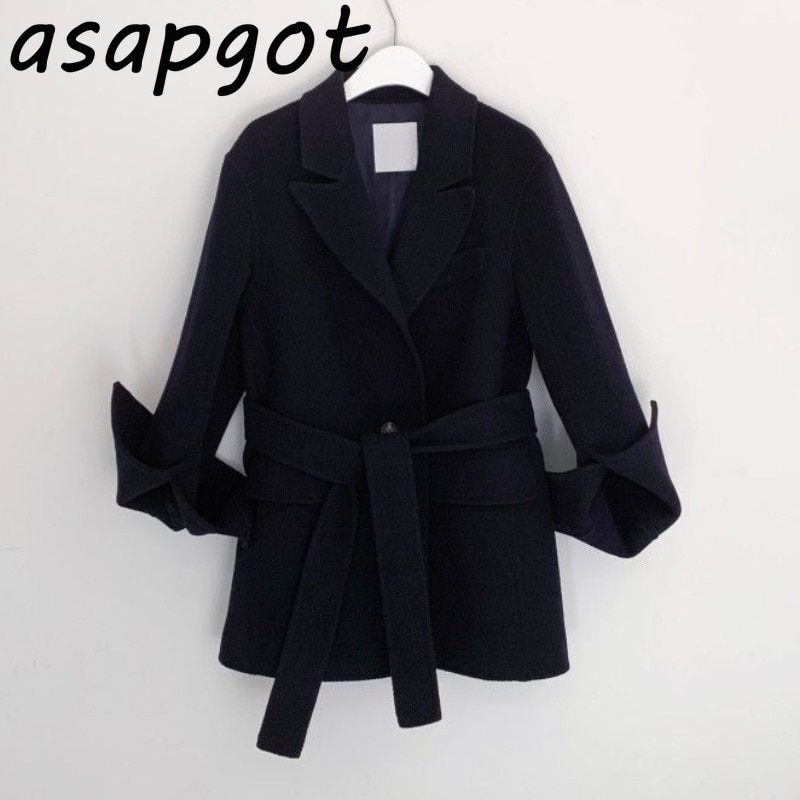 Abrigo con cinturón de invierno para mujer, Chaquetas de manga larga de solapa gruesa informal, holgada, de lana, Estilo Vintage,