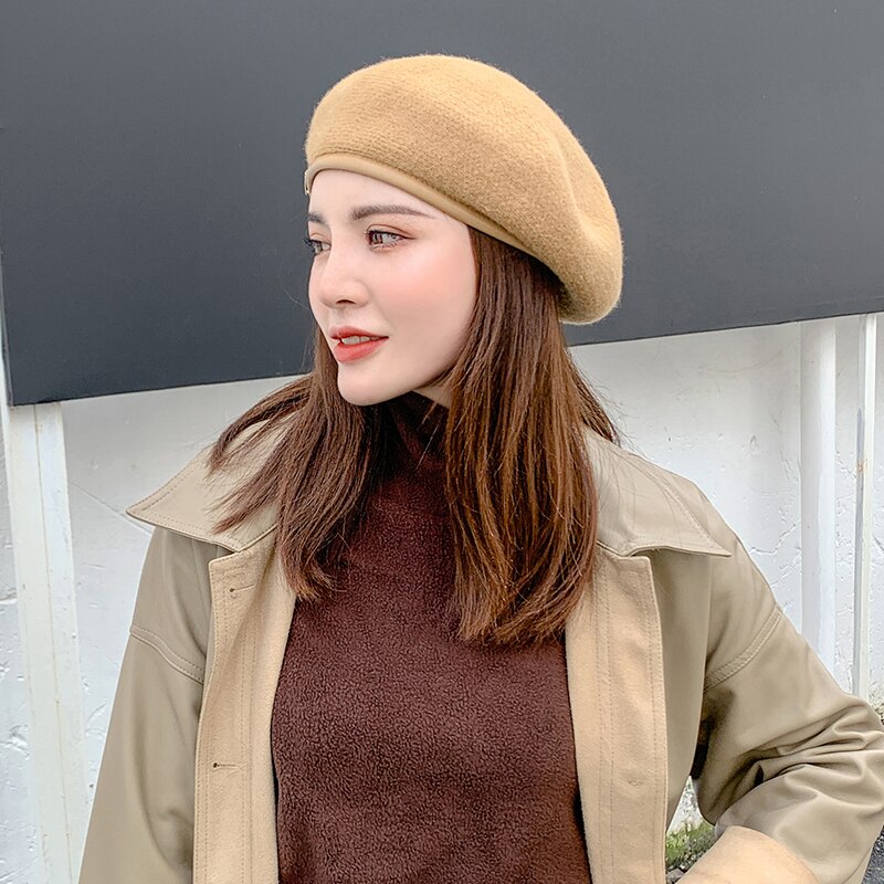 Women Berets Artist Cap Solid Color Beret Knit Beanies Painter Hat Lady's Girl's Autumn Winter Warm Hats Female Bonnet Chapeau: Khaki