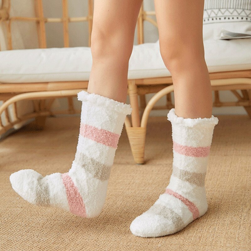 Dames zoete pantoffels sokken antislip print streep winter warme polyester huissokken dames zachte thermische vloer badstof sokken