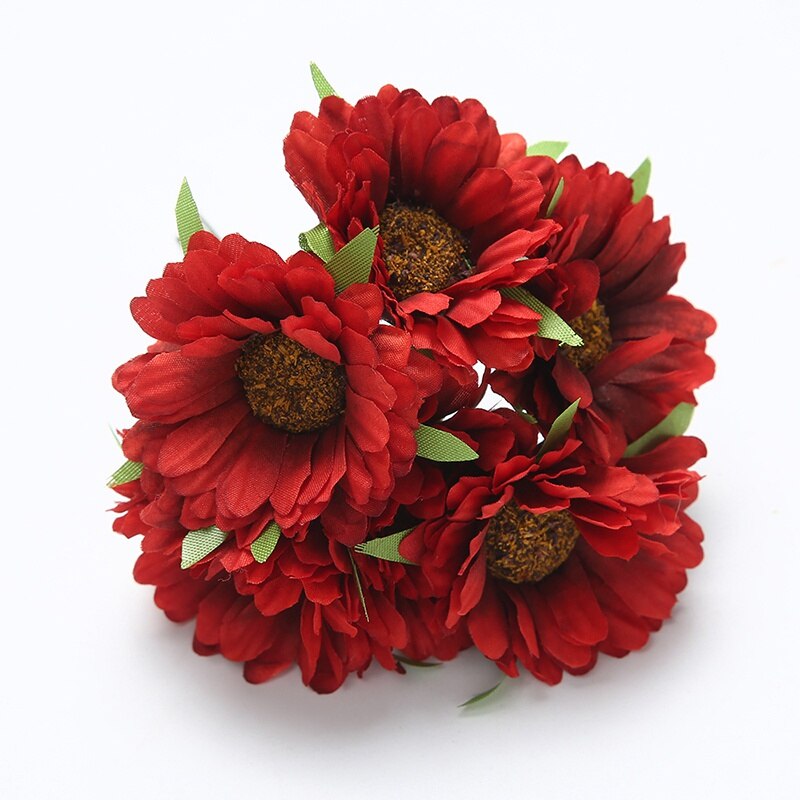 6 stk/parti 5cm kunstig blomst silke gerbera solsikkebukett til bryllup hjemme hage vase dekorasjon diy krans utklippsbok: Rød / 2 haug