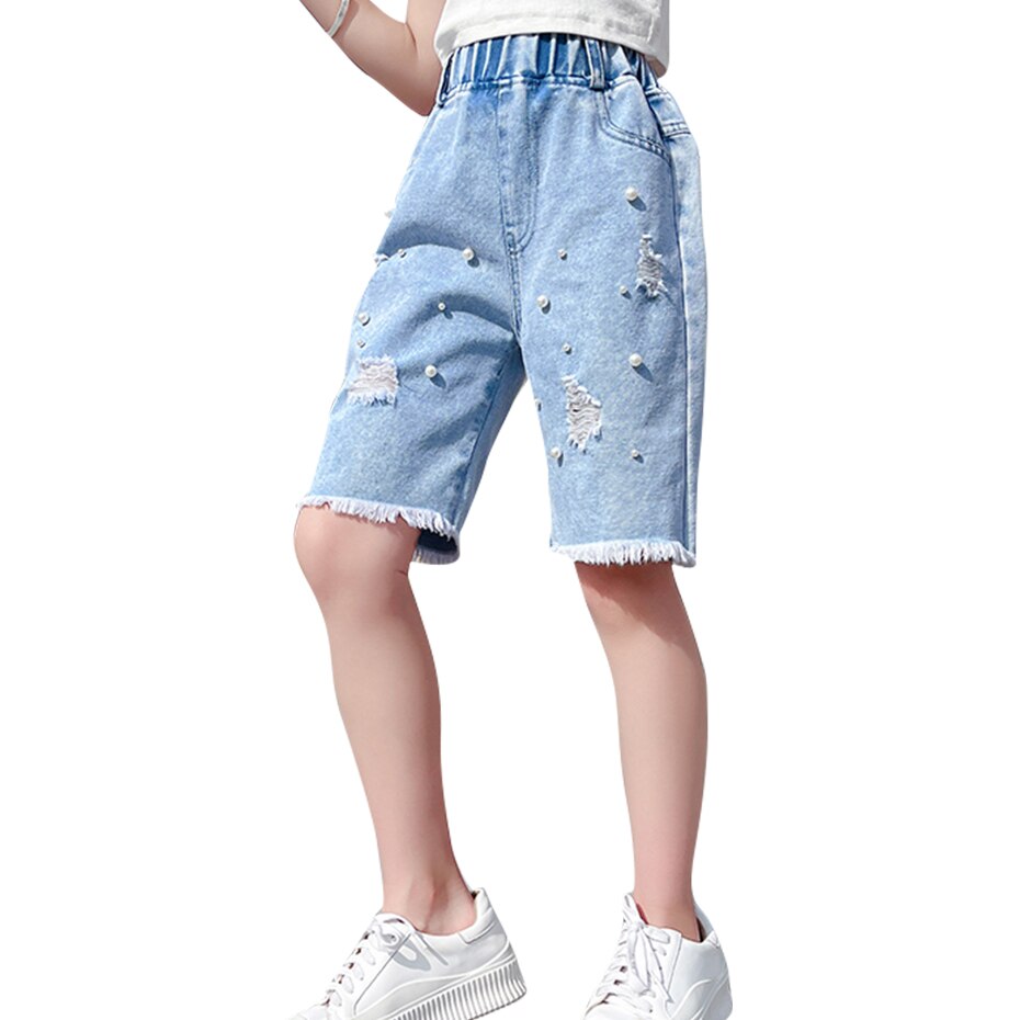 Summer Jeans Girl Pearls Girl Short Jeans Big Hole Trousers For Children Casual Style Children's Jeans Clothes