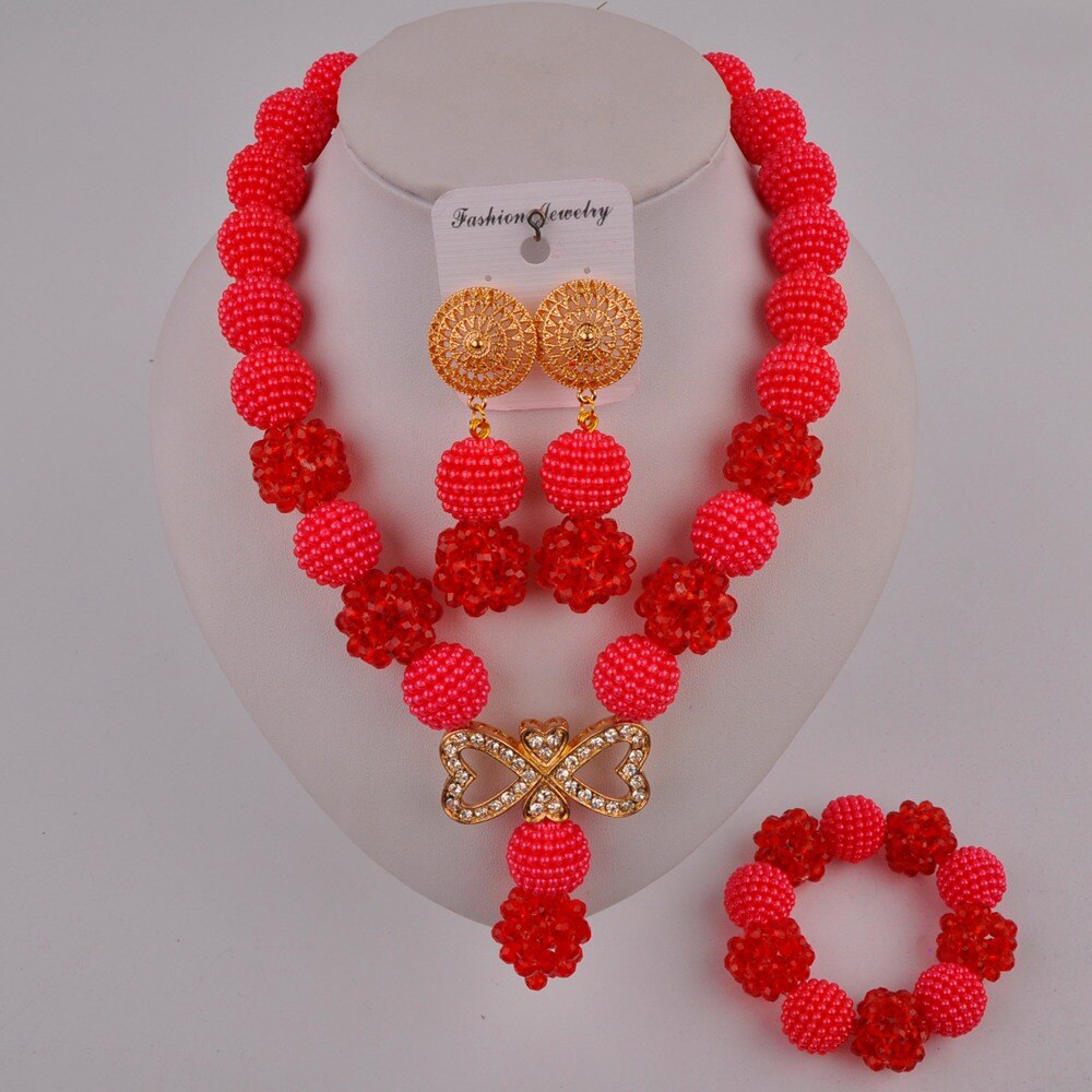 Nigeriaanse bruiloft, prachtige bruidssieraden, afrikaanse sieraden, rode imitatieparel, kristallen sieradenset xx -82: Rood