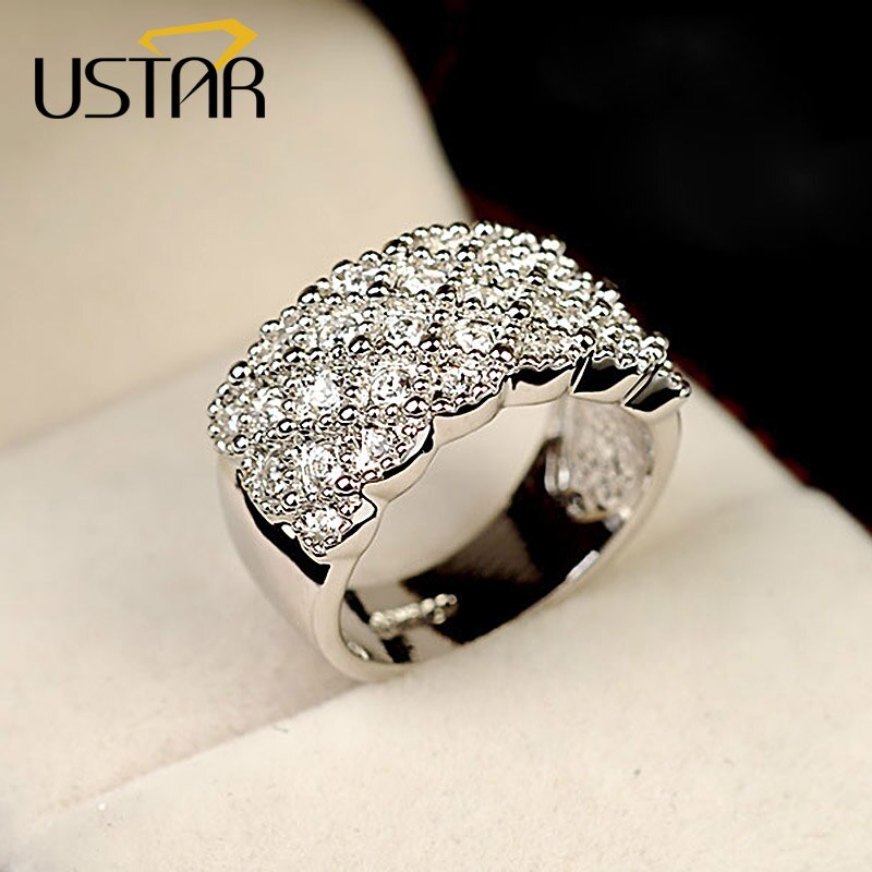 USTAR Brede Vinger trouwringen voor vrouwen met shiny AAA zirconia Rose Gold kleur Kristallen engagement ringen vrouwelijke anel
