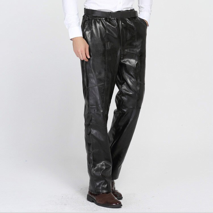 Winter zwarte motorbroek van pu-leer, grote maten, donzig, dik, warm, lang, casual, kunstleren motorbroek, herenbroek