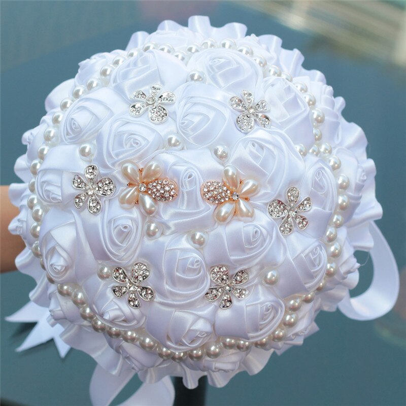 16styles white wedding bride holding flowers artificial bouquet ribbon rhinestone pearl bouquet decoration bride groom dance: Style 11