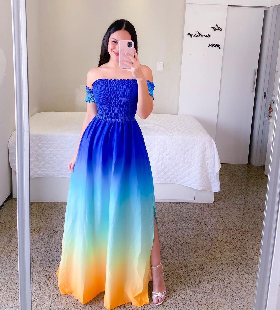 Moda feminina um ombro impresso split doce e elegante borboleta arco-íris vestido longo senhora vestidos flor sólido colorido: XXL / Preto