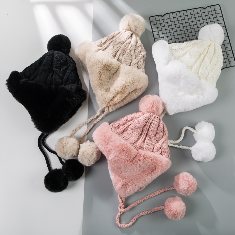 H3568 Women Warm Bomber Hat Winter Riding Ear Protection Plush Thickened Knitted Cap Korean Cold Proof Lovely Casual Girl Hats