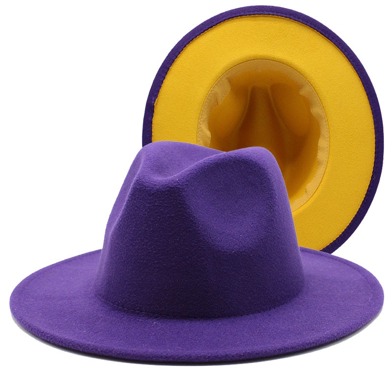 Vinter lilla gul patchwork uldfilt jazz fedora hatte med bæltespænde mænd kvinder bred rand panama cowboy trilby hat: M 56-58cm