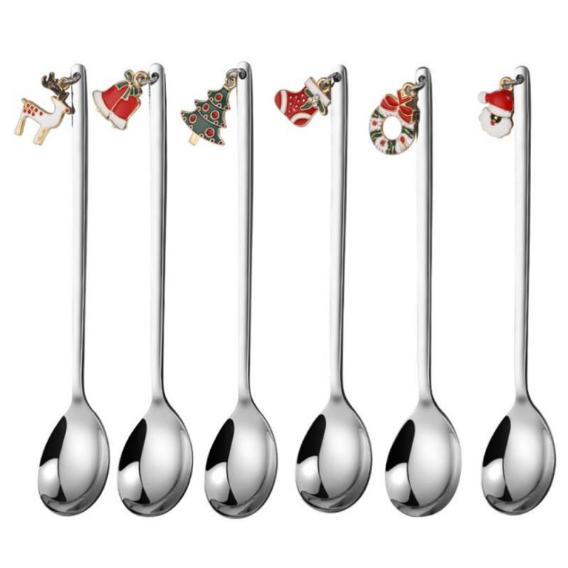 2 farben Edelstahl Kaffee Löffel Weihnachten Dekorative Geschirr Caps Besteck Halter Weihnachten Decor Tasche Tee Zubehör: 1 set silver