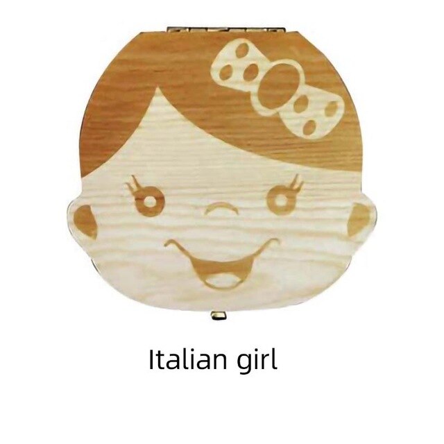 Wooden Baby Tooth Box Spanish/English/Dutch/Russian/French /Italian Wooden Milk Teeth Organizer Storage Boys Girls Baby Souvenir: Italian girl