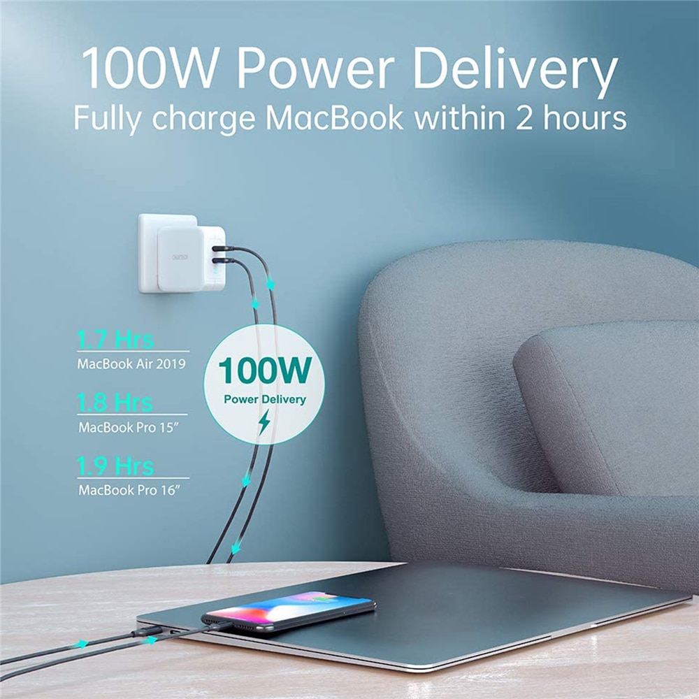 100W GaN Dual USB tipo-C cargador para iPad Pro cargador de pared para iPhone 11 Pro Teléfono para Samsung/Huawei/ASUS/Lenovo/DELL Tablet