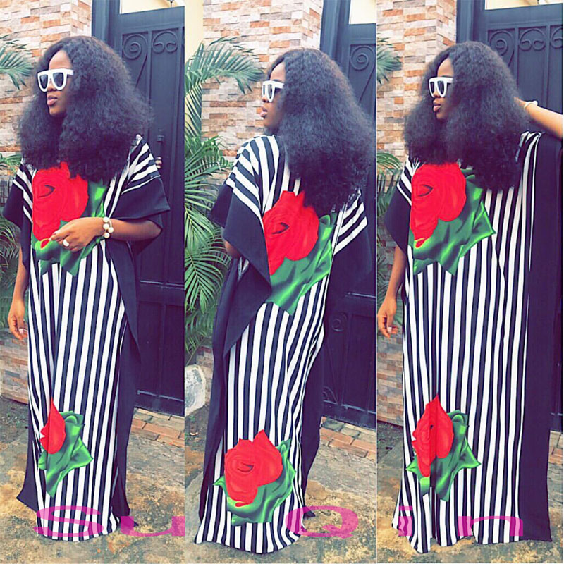 mode 100% katoen afdrukken elastische mouw losse stijl dashiki streep lange jurken voor lady/vrouwen (CPDH #)