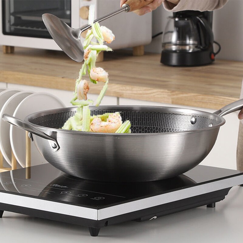 Rvs Wok Non-stick Pan Full Screen Honingraat Geen Lampblack Geen Coating Koekenpan Roestvrijstalen