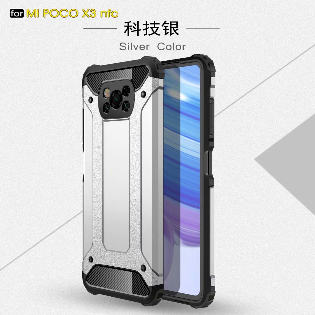 Armor Case For Xiaomi Poco X3 NFC Cases Forsted Surface Metal Pattern Hybrid PC + Silicone Shockproof Back Cover Poco X3 Case: Silver