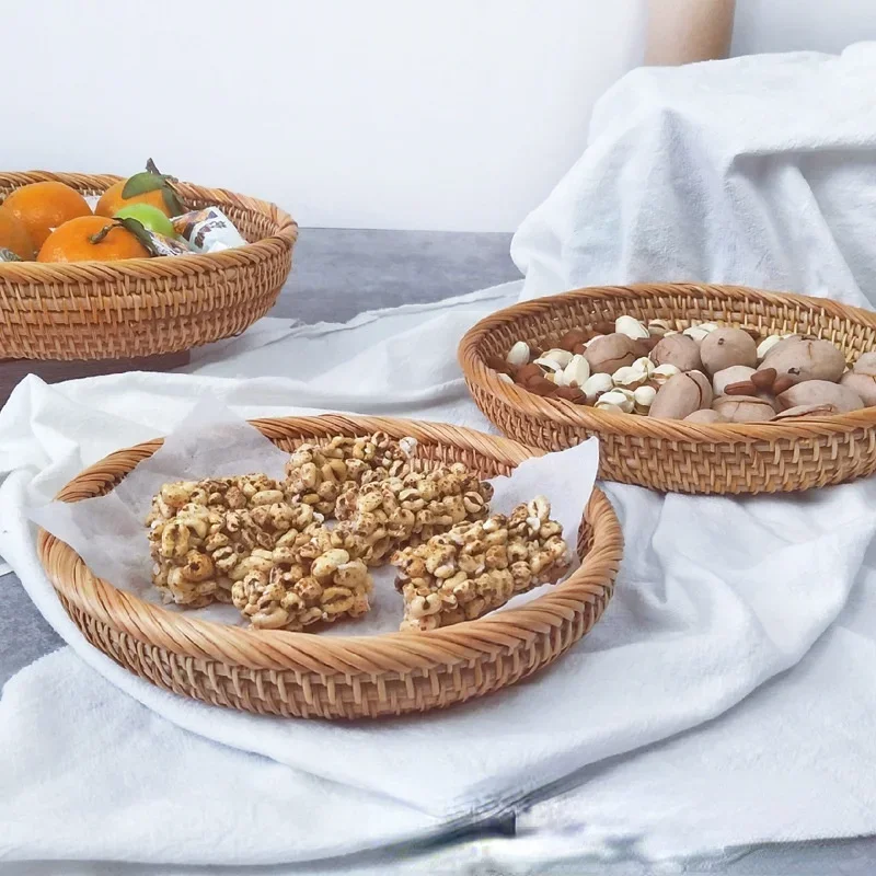 Handgeweven ronde rotan rieten mand Fruit Thee Snack Brood Picknickbak Snacks Opbergdoos Keukenbenodigdheden Mand Fruitschaal