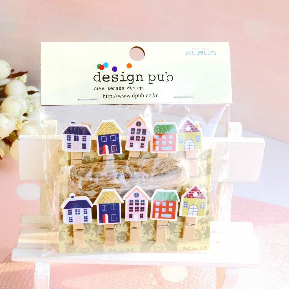 10 Pcs/Lot w22 Little House Album Clothespin Craft Party Decoration with Hemp Rope Wood Paper Clip