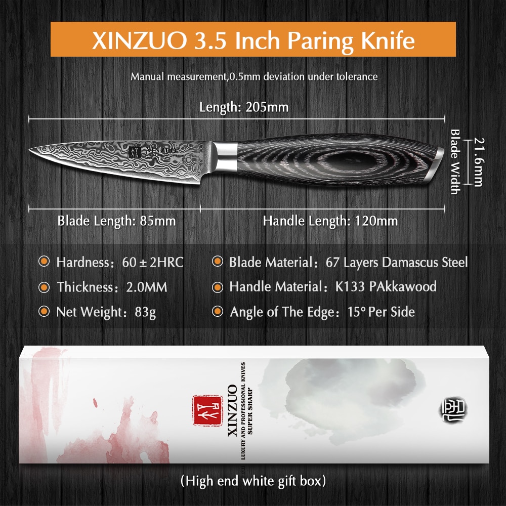 XINZUO 3,5 "Cuchillo de fruta Damasco japonés vg10 núcleo forjado cuchillo de cocina Damascus acero cocina cuchillos Mesa Parer cuchillo caja de