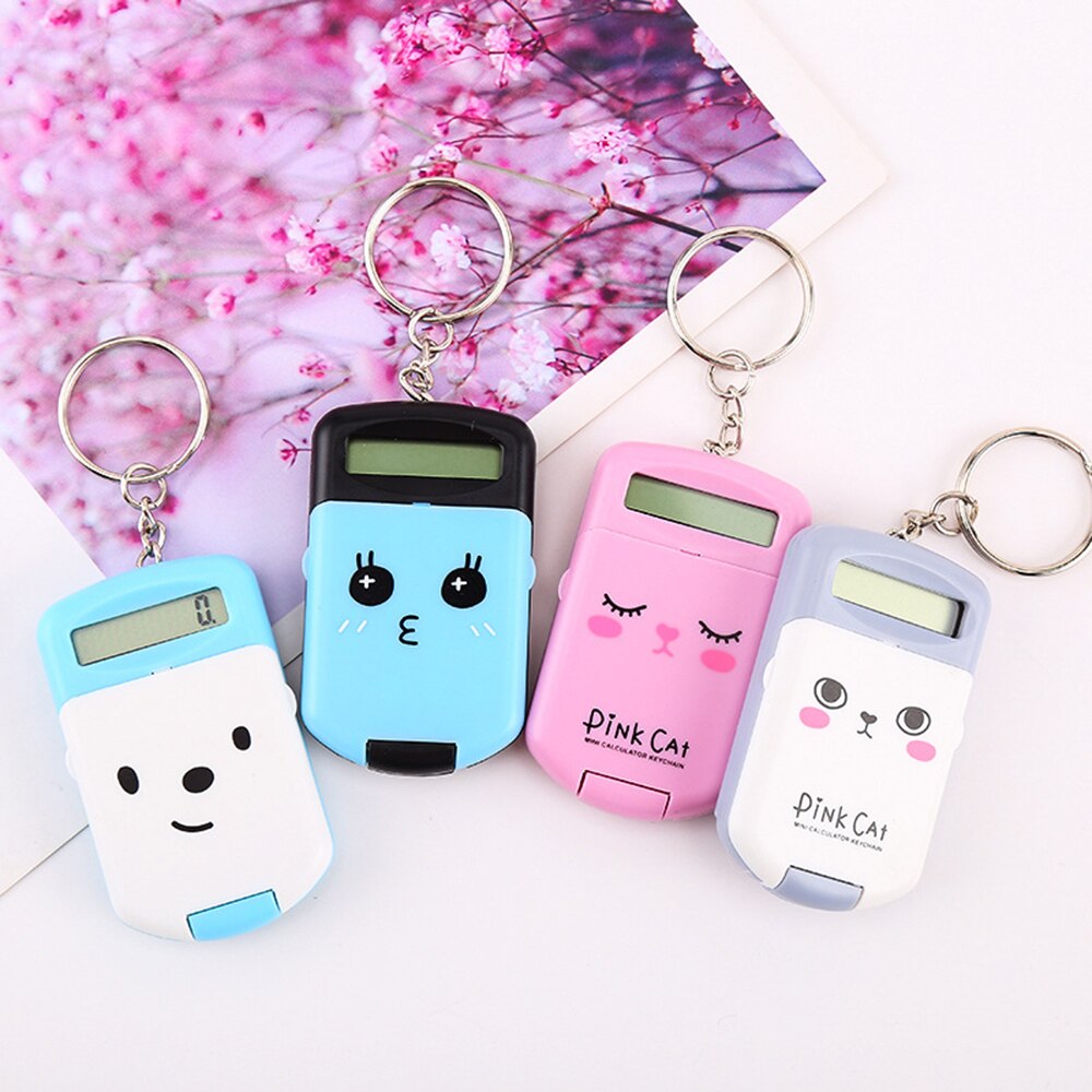 Mini Calculator Cute Cartoon with Keychain 8 Digits Display Portable Pocket Size Calculator for Children School Supplies