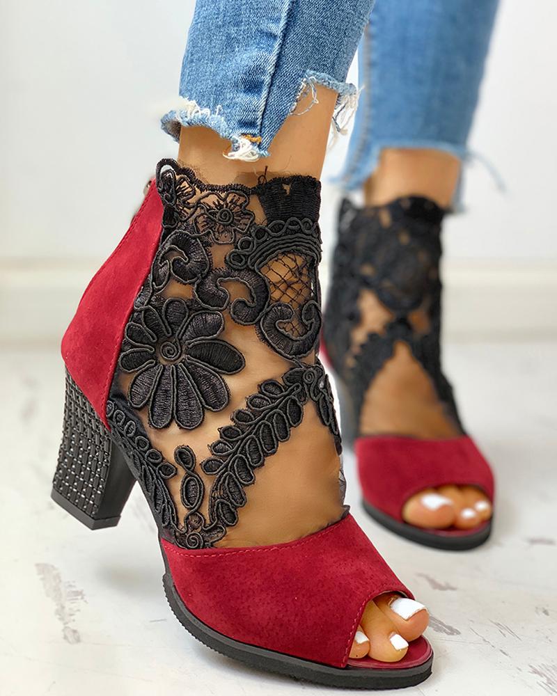 SHENGY femmes talons hauts Peep orteil dentelle fleur talon haut bride à la cheville Surface nette évider sandales