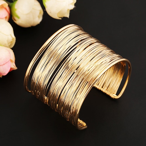 frauen Multilayer Metall Drähte Strings Open Armreif Breite Manschette Armband